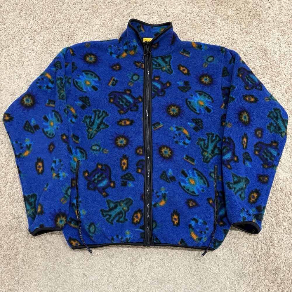 Vintage REI Fleece Jacket Size M Blue UFO Abstract Turtle Full Zip USA Gorpcore